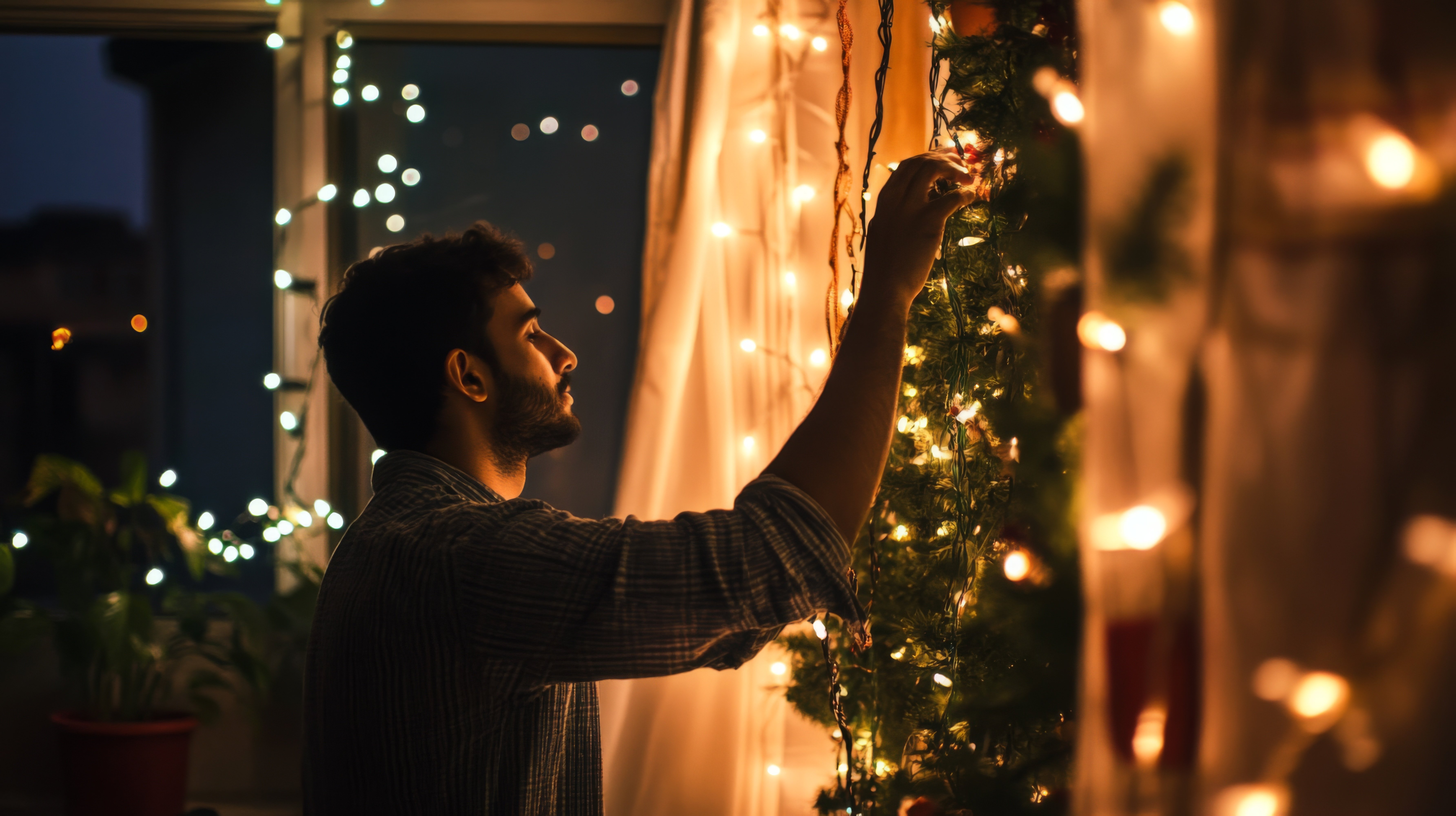 man-decorating-christmas-tree-with-lights-room